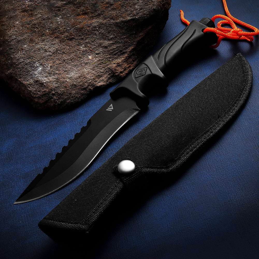 Wilora Black Coated 5Cr13 Steel Hunting Knife - Non-Slip ABS Handle, 58 HRC, CNC Edge, Includes Paracord Rope & Nylon Sheath