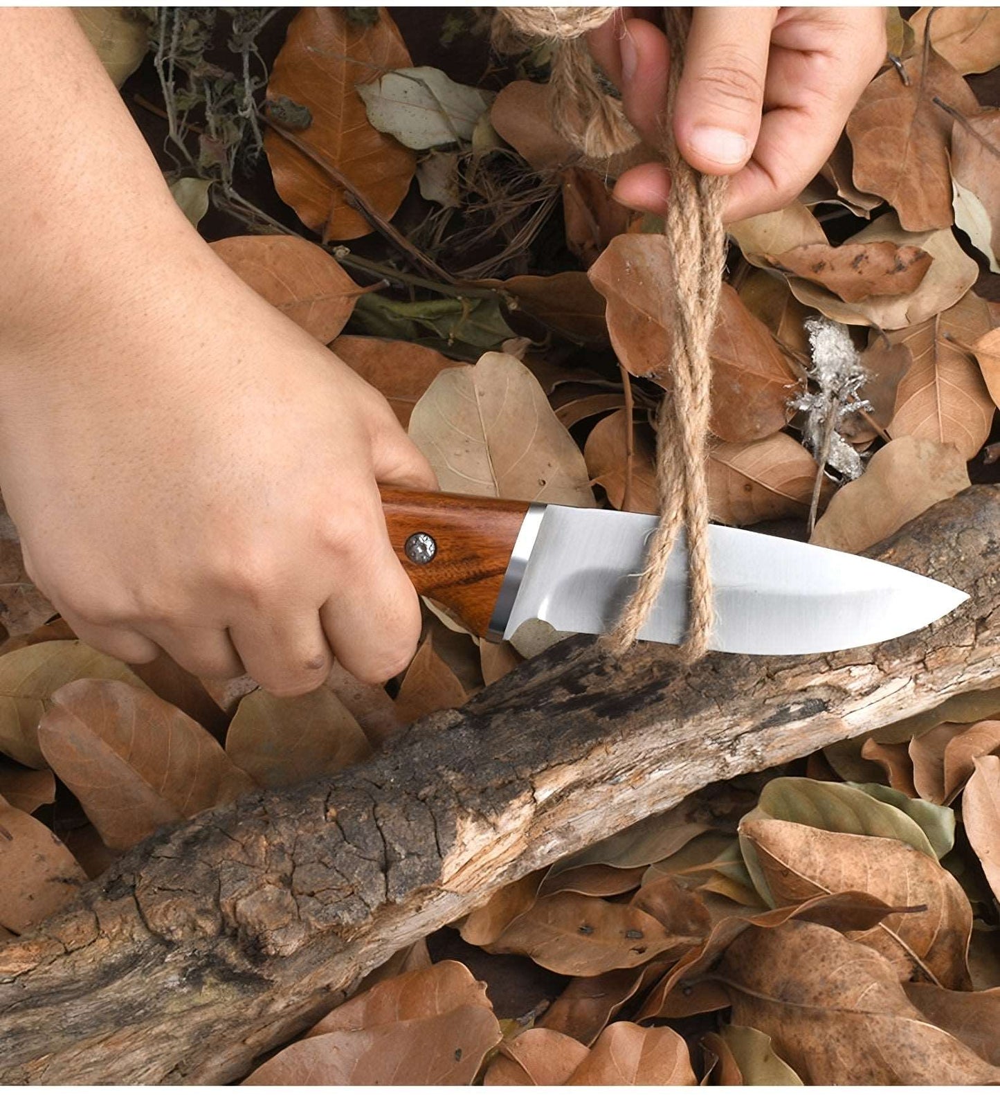 Premium Bushcraft Knife - 5Cr13 Steel Blade, Rosewood Handle, Flint & Striker Included with PU Leather Sheath