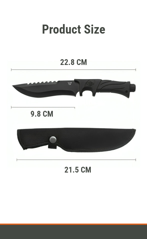 Wilora Black Coated 5Cr13 Steel Hunting Knife - Non-Slip ABS Handle, 58 HRC, CNC Edge, Includes Paracord Rope & Nylon Sheath