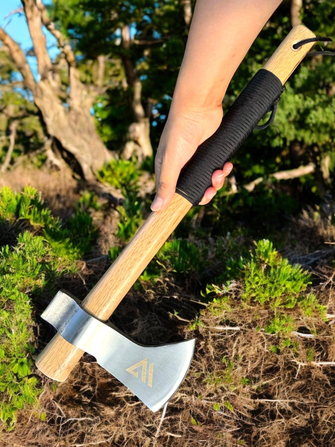 High Carbon Steel Tomahawk Axe | 50 CM Polished Blade with Paracord Handle, Lanyard, and PU Leather Sheath