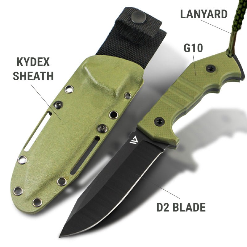 Wilora Full Tang D2 Steel Hunting Knife - Includes Kydex Sheath & Paracord Rope Lanyard